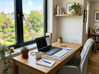Home office desk with laptop, coffee cup, plants, and window showing garden outside
