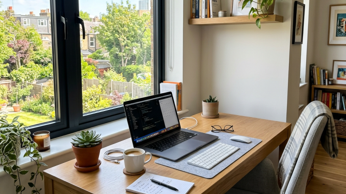 Home office desk with laptop, coffee cup, plants, and window showing garden outside